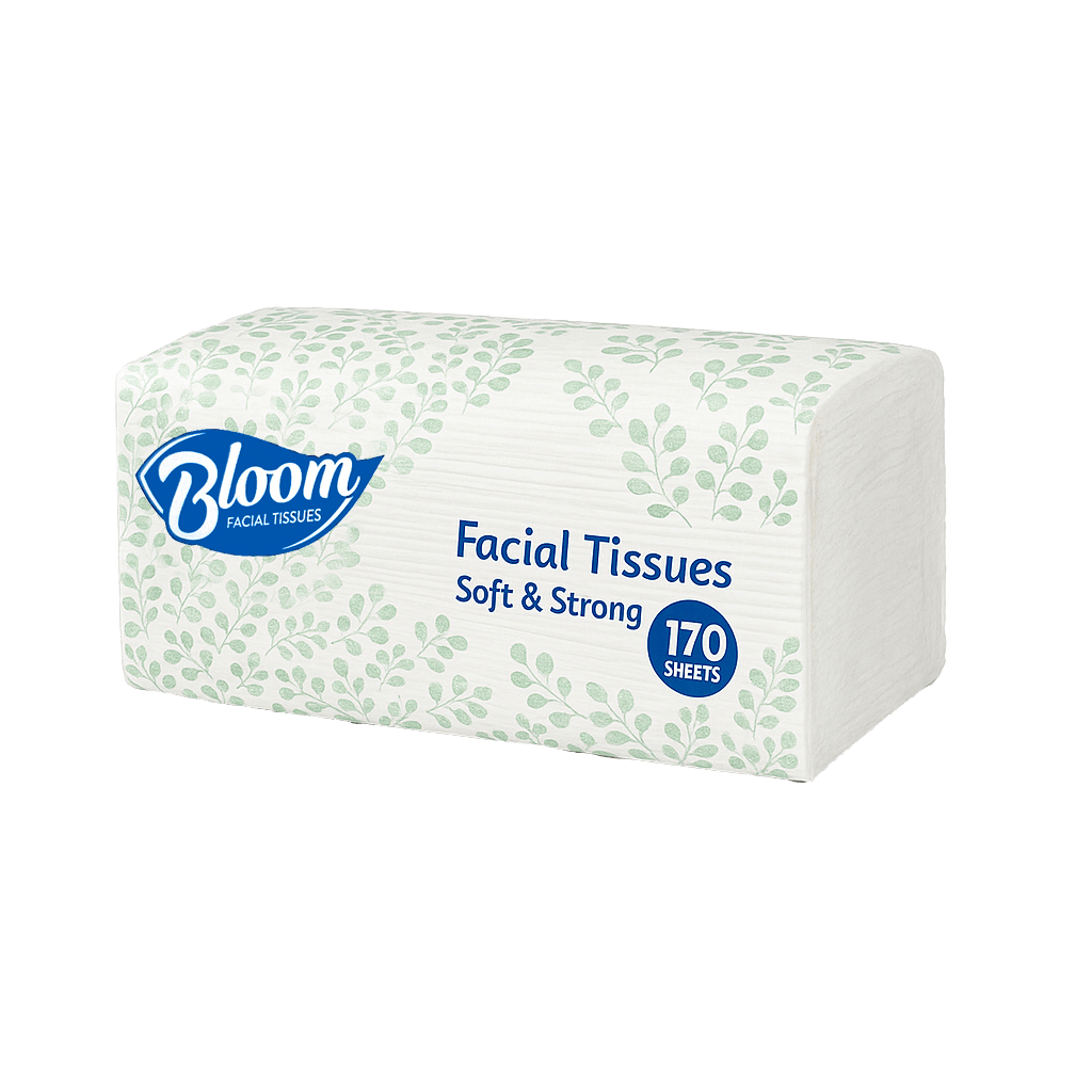 Box of Bloom 170 facial tissues on a transparent background