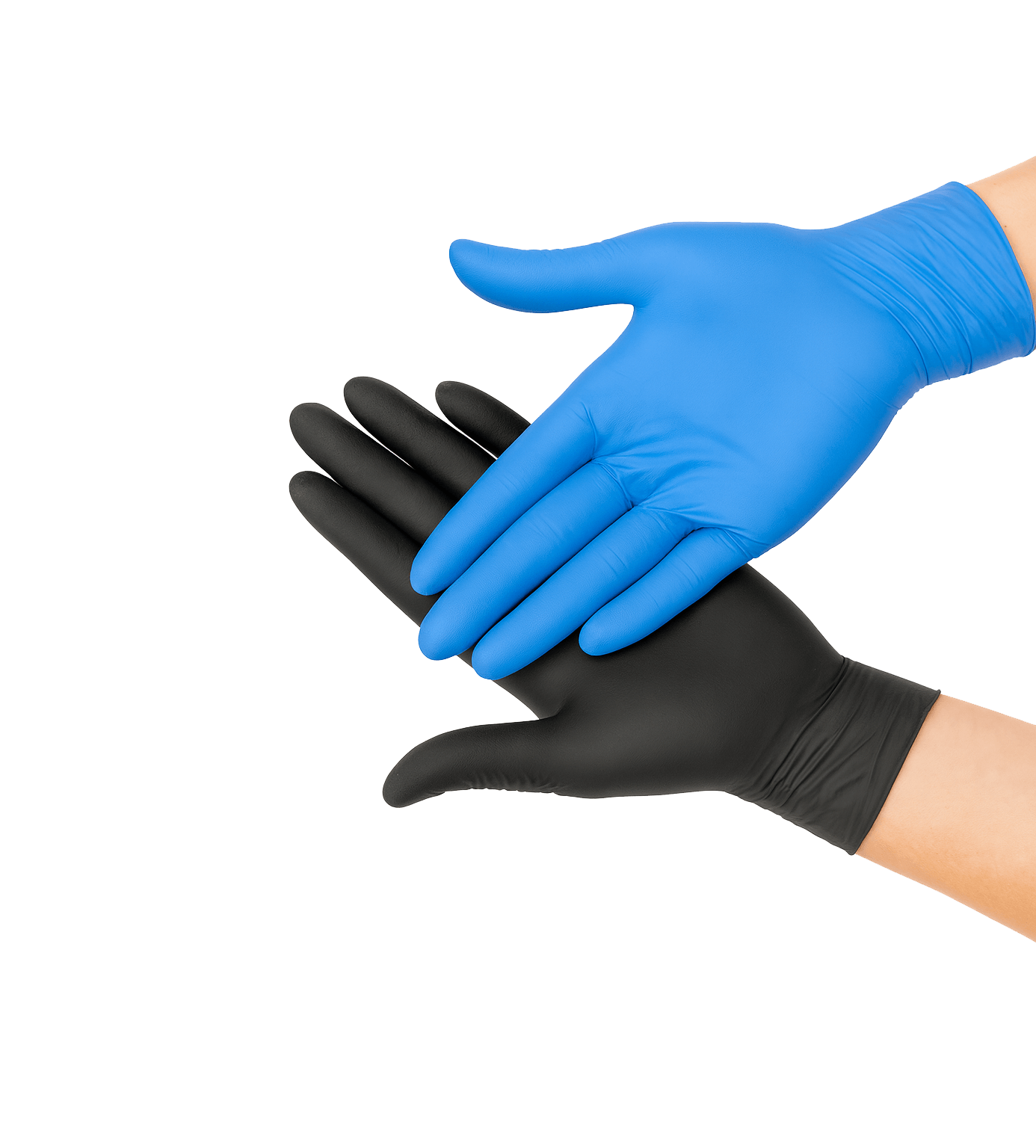Blue and black gloves held by a hand on a transparent background