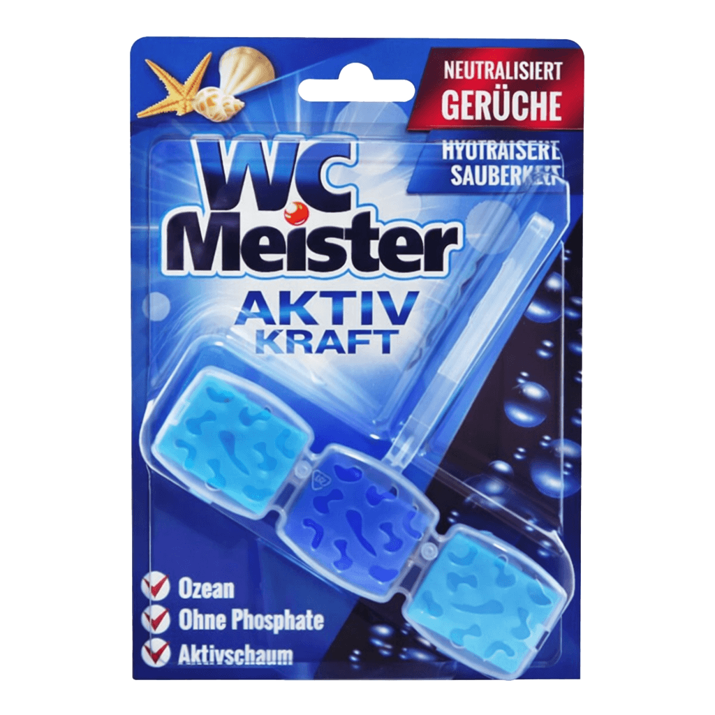 Packaging of WC Meister toilet freshner with blue cubes on a dark background