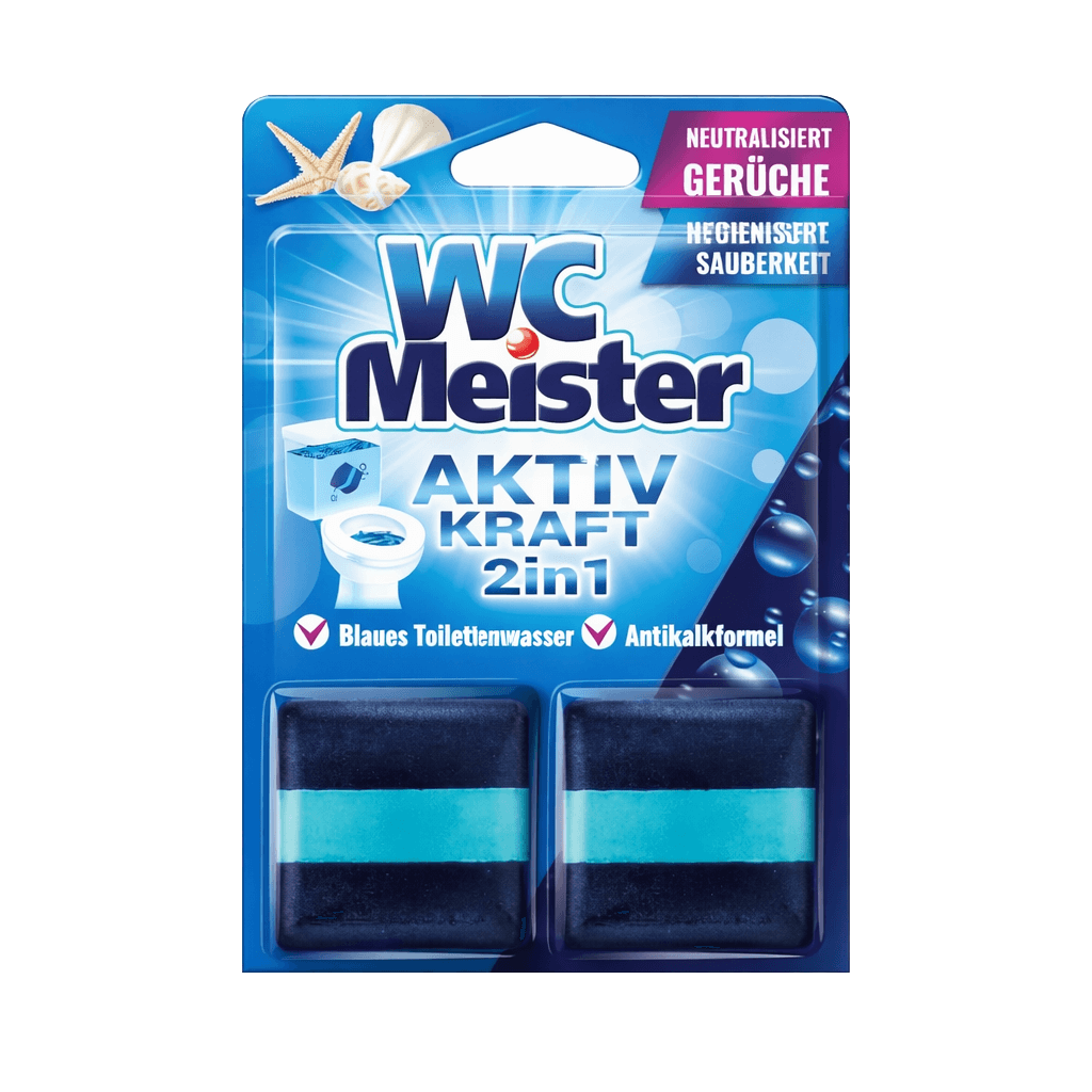 Packaging of WC Meister tank freshner 2in1 cleaning tablets with blue and white design.