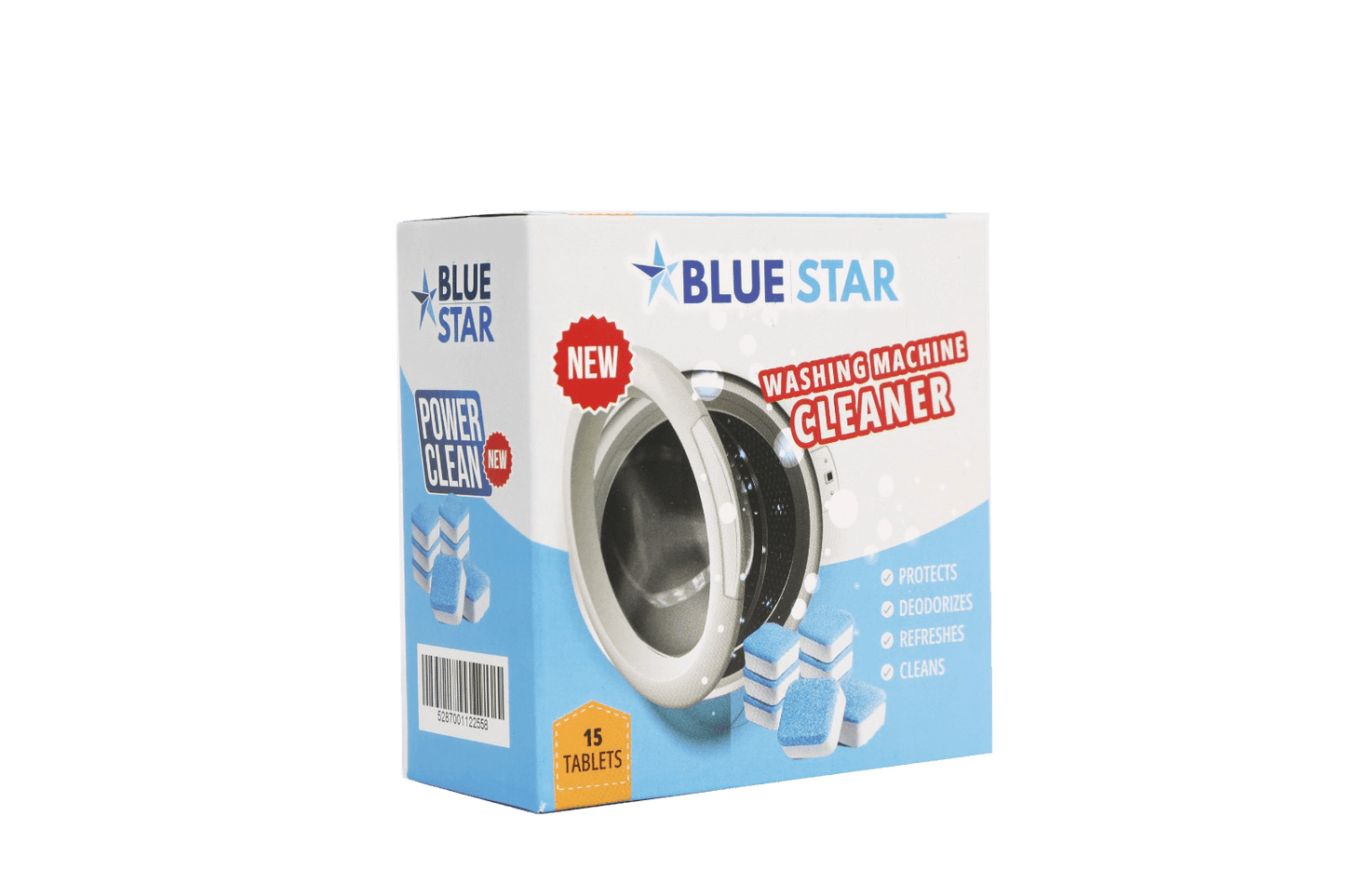 Blue Star washing machine cleaner packaging on a black background