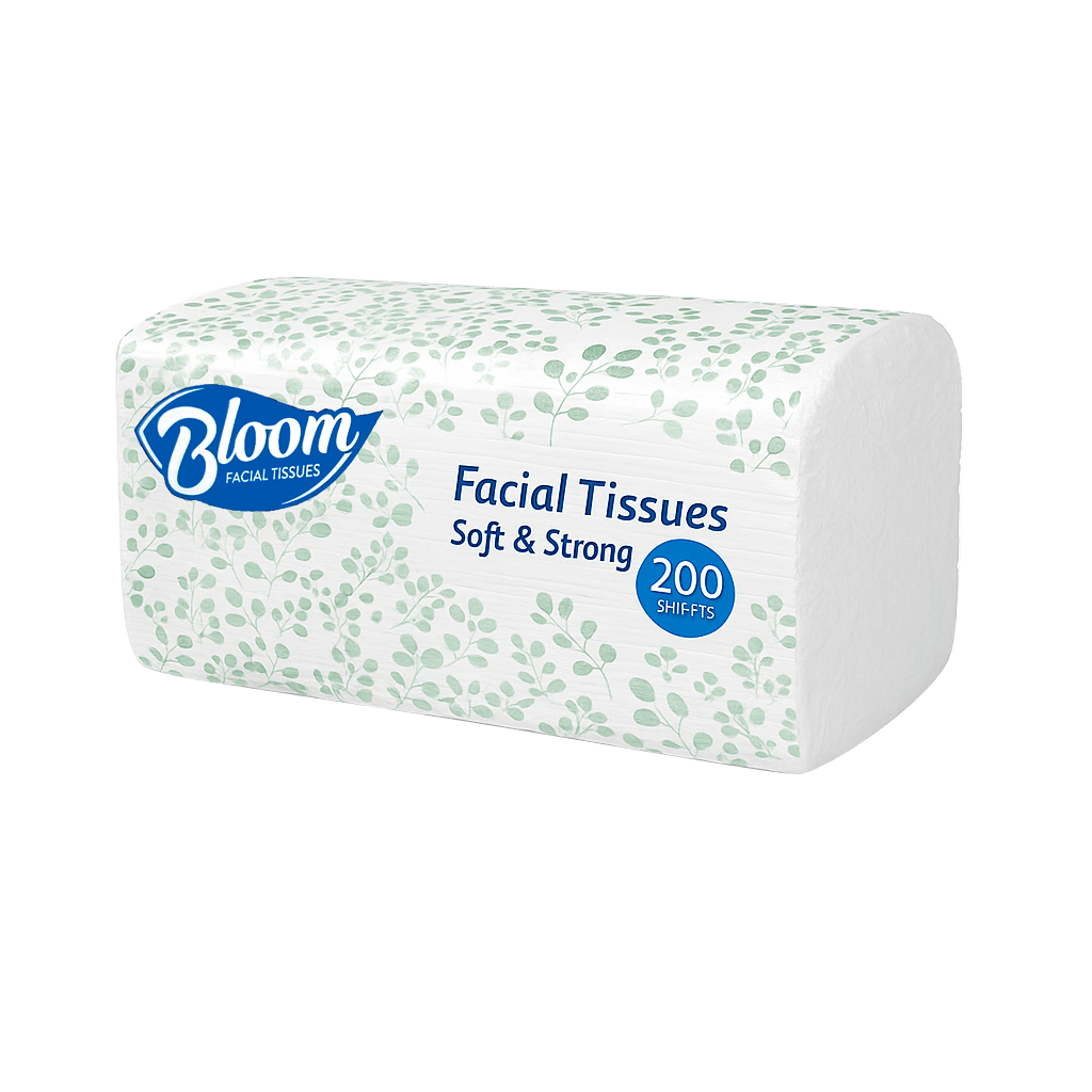 Pack of Bloom 200 facial tissues on a transparent background