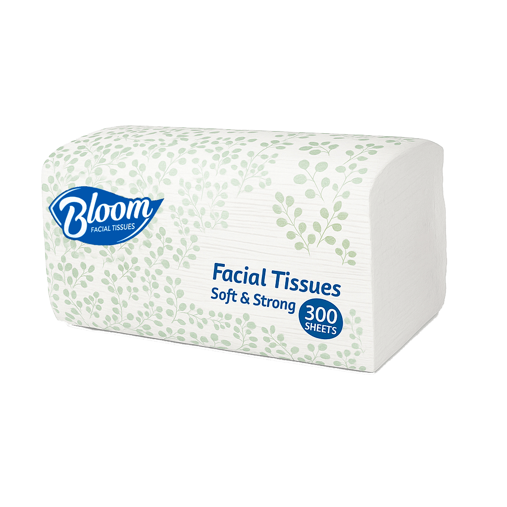 Box of Bloom 300 facial tissues on a transparent background