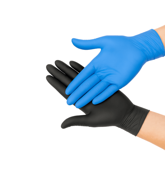 Blue and black gloves held by a hand on a transparent background
