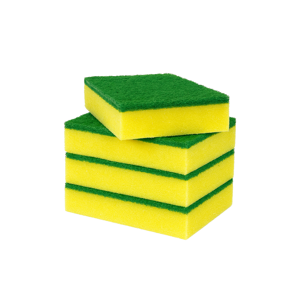 Three yellow sponges with green scrubbing pads stacked on a transparent background