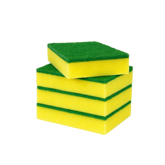 Three yellow sponges with green scrubbing pads stacked on a transparent background