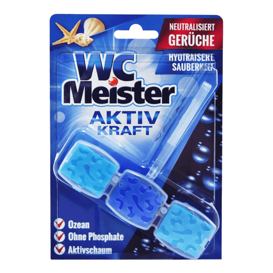 Packaging of WC Meister toilet freshner with blue cubes on a dark background