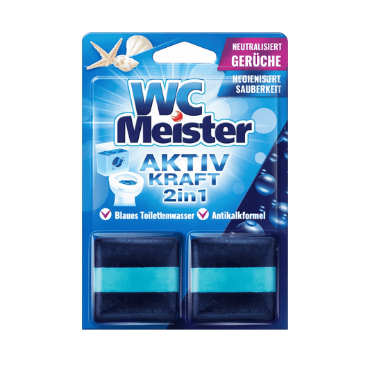 Packaging of WC Meister tank freshner 2in1 cleaning tablets with blue and white design.