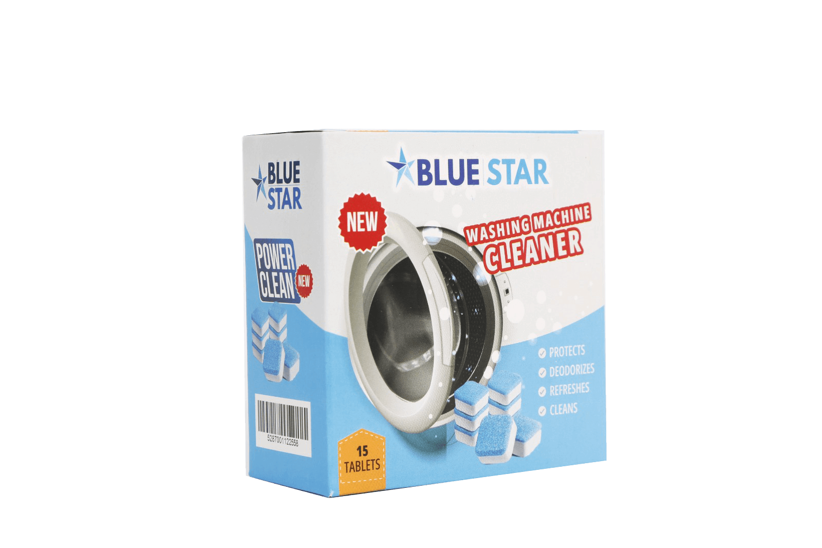 Blue Star washing machine cleaner packaging on a black background